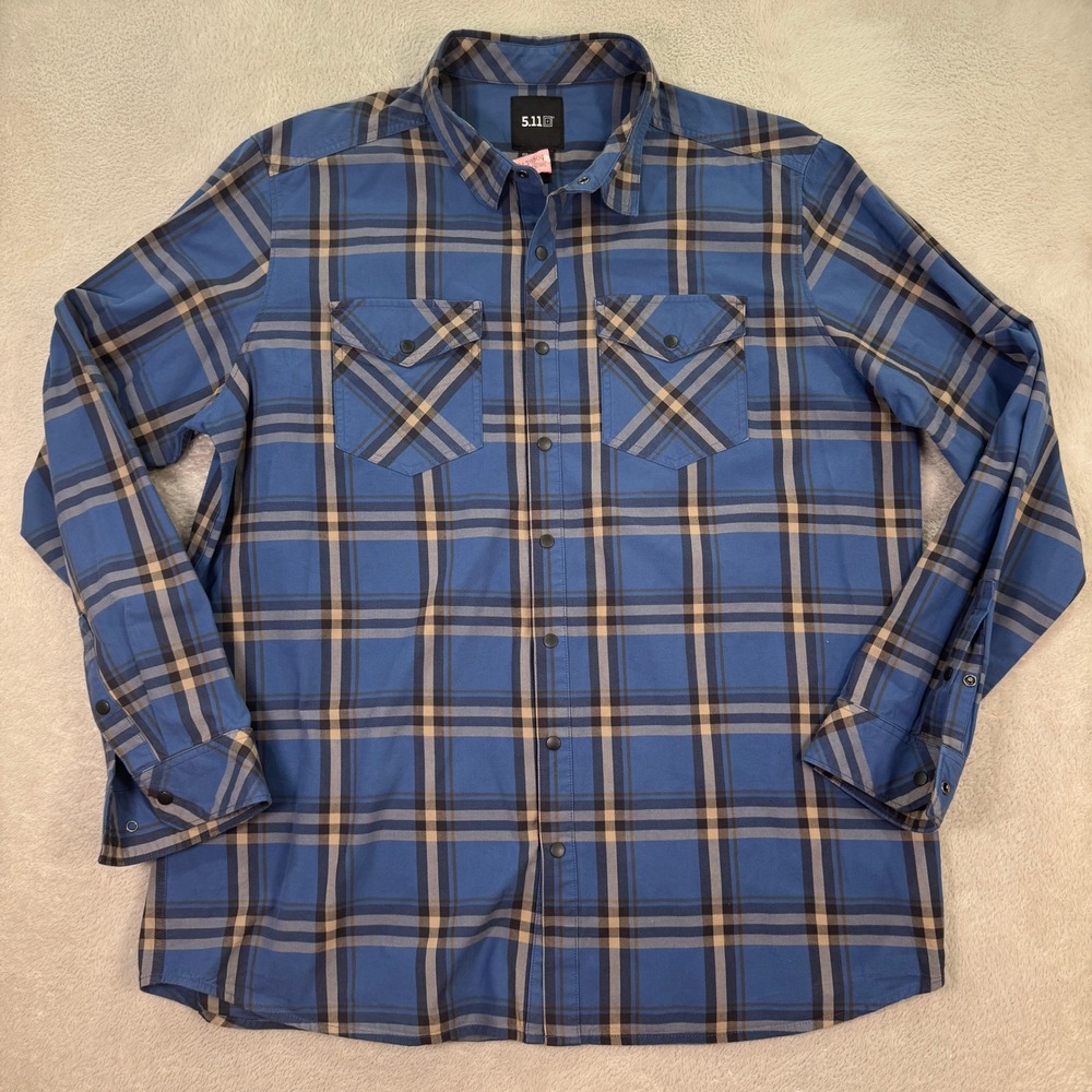 5.11 Tactical Mens 2XL Blue Plaid Long Sleeve Snap Front Workwear Shirt Casual